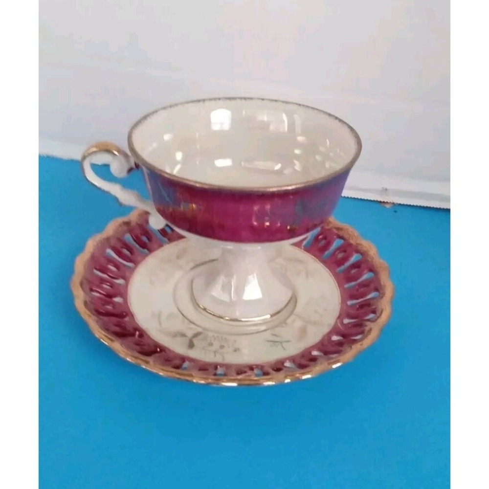 Vintage Magenta Lusterware Footed Teacup and Reticulated Saucer Set Gold Gilt